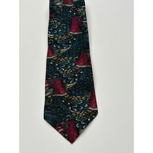 Field & Stream Mens Silk Tie Pheasant Bird Pattern Green Burgundy‎ Made in USA